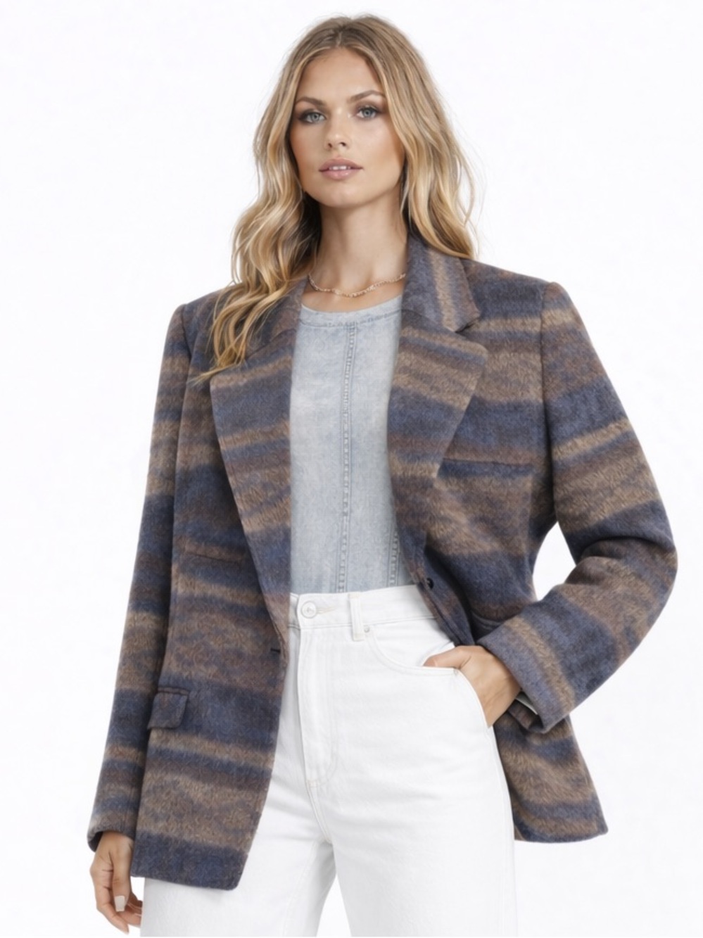 Vintage REAL CLOTHES Striped Wool-Blend Blazer Made in Bulgaria